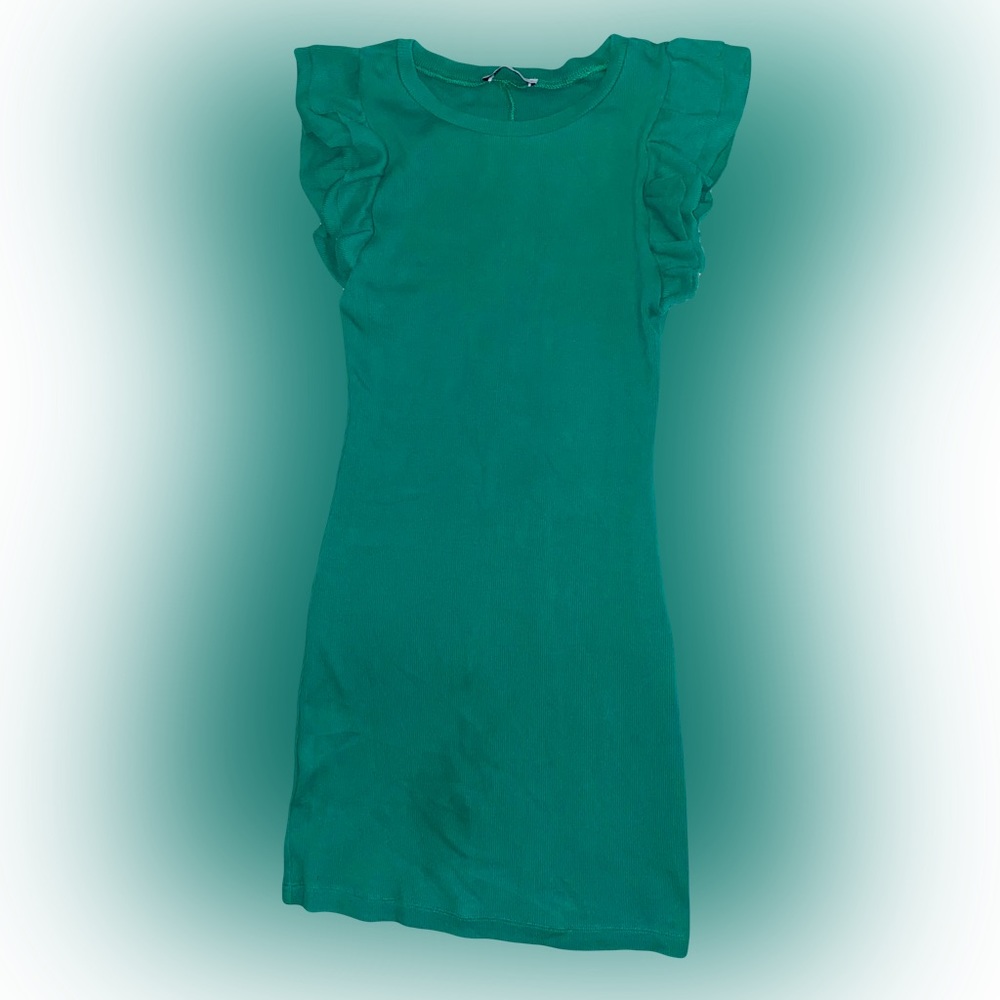 NWOT ZARA GREEN RIBBED RUFFLE-SLEEVE MINI DRESS // SIZE SMALL💚